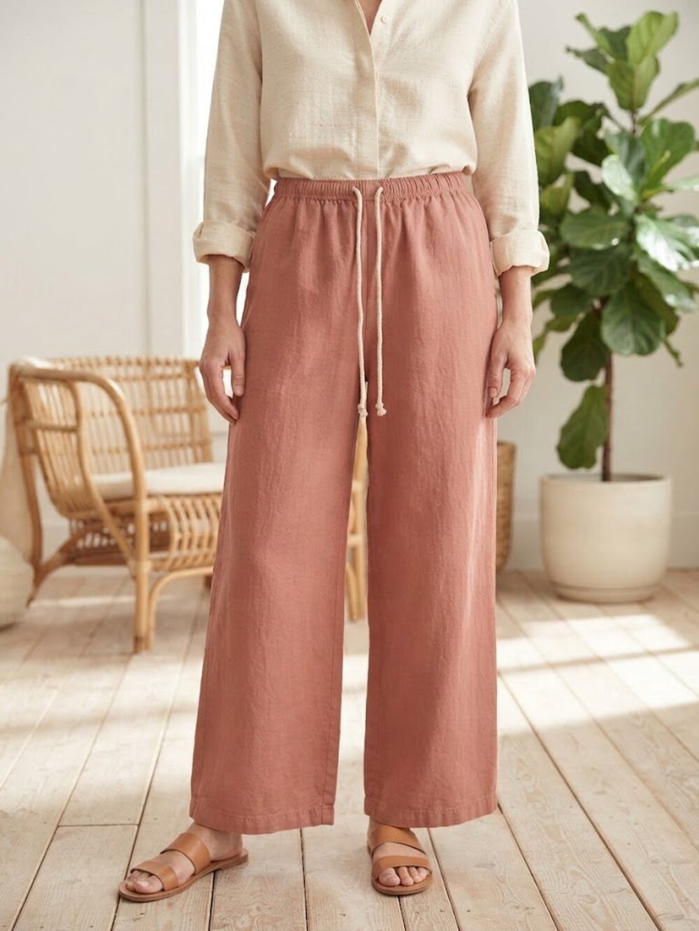 Uniqlo Salmon Pink Linen Blend Wide Leg Pants